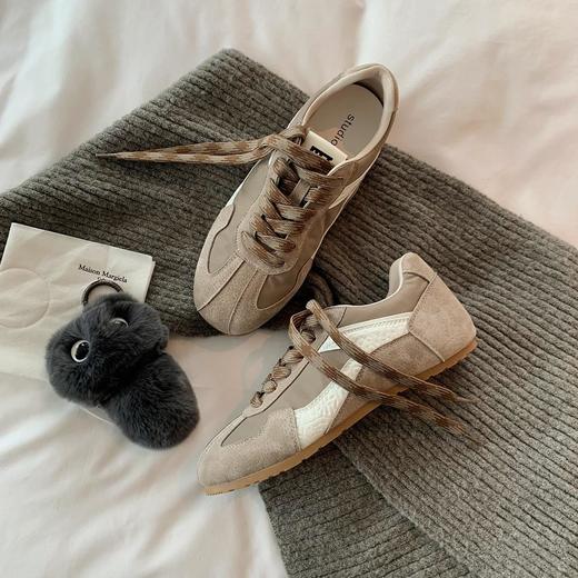 【秒杀】牛皮版时髦复古撞色方圆头休闲阿甘德训板鞋ins女新款 商品图1