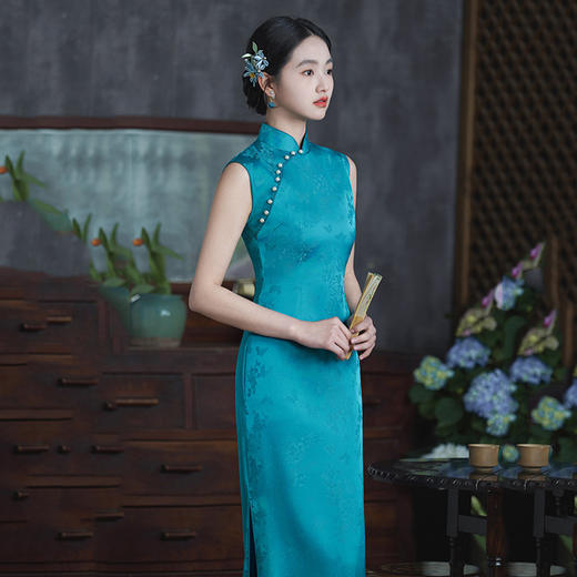 夏季蓝绿色国风新中式无袖长款旗袍改良年轻款高级感宴会礼服旗袍SC21464 商品图1