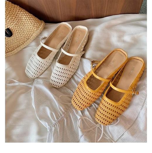 复古编织镂空方头一字带粗跟凉拖穆勒半拖鞋女夏新款 商品图1