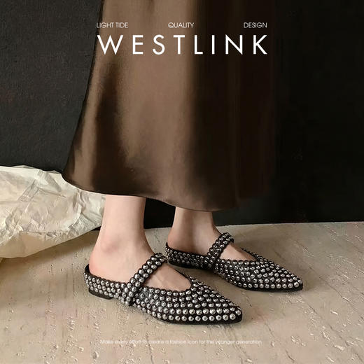 西遇包头半拖鞋女2026夏季新款水钻尖头绝美一脚蹬平底玛丽珍凉拖V0666390 商品图3