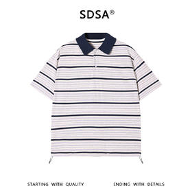 SDSA男装2026新款轻奢复古彩点条纹Polo衫撞色领抽绳下摆休闲短袖