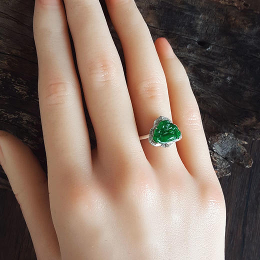 【天然正品】A货翡翠AU750白金镶钻镶天然细腻冰种满绿佛公翡翠戒指14号（戒圈可改）131125AH26 商品图7