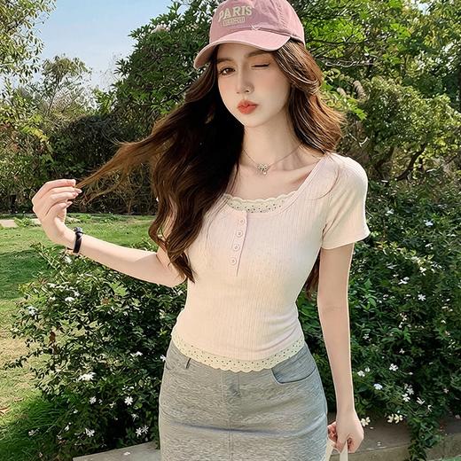 蕾丝花边拼接假两件短袖T恤女内搭修身显瘦外穿条纹打底衫上衣 商品图3