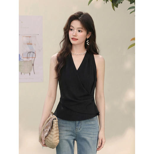 鹿向南「星光信笺」黑色挂脖背心女夏季V领交叉收腰显瘦无袖上衣 商品图3