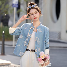 新中式复古风盘扣刺绣外套春季新款宽松气质立领夹克上衣YQH6110