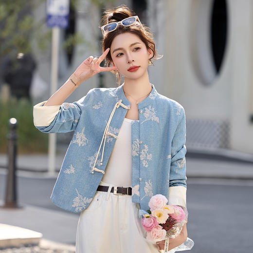 新中式复古风盘扣刺绣外套春季新款宽松气质立领夹克上衣YQH6110 商品图0