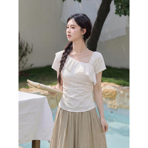 鹿向南「月光手书」法式荷叶边短袖衬衫女夏季别致设计感杏色上衣 商品图3