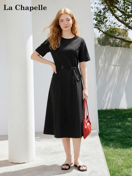 天猫同步【高端品质】拉夏贝尔/La Chapelle圆领纽扣双口袋短袖连衣裙新款流行女神御姐风连衣裙女 商品图1