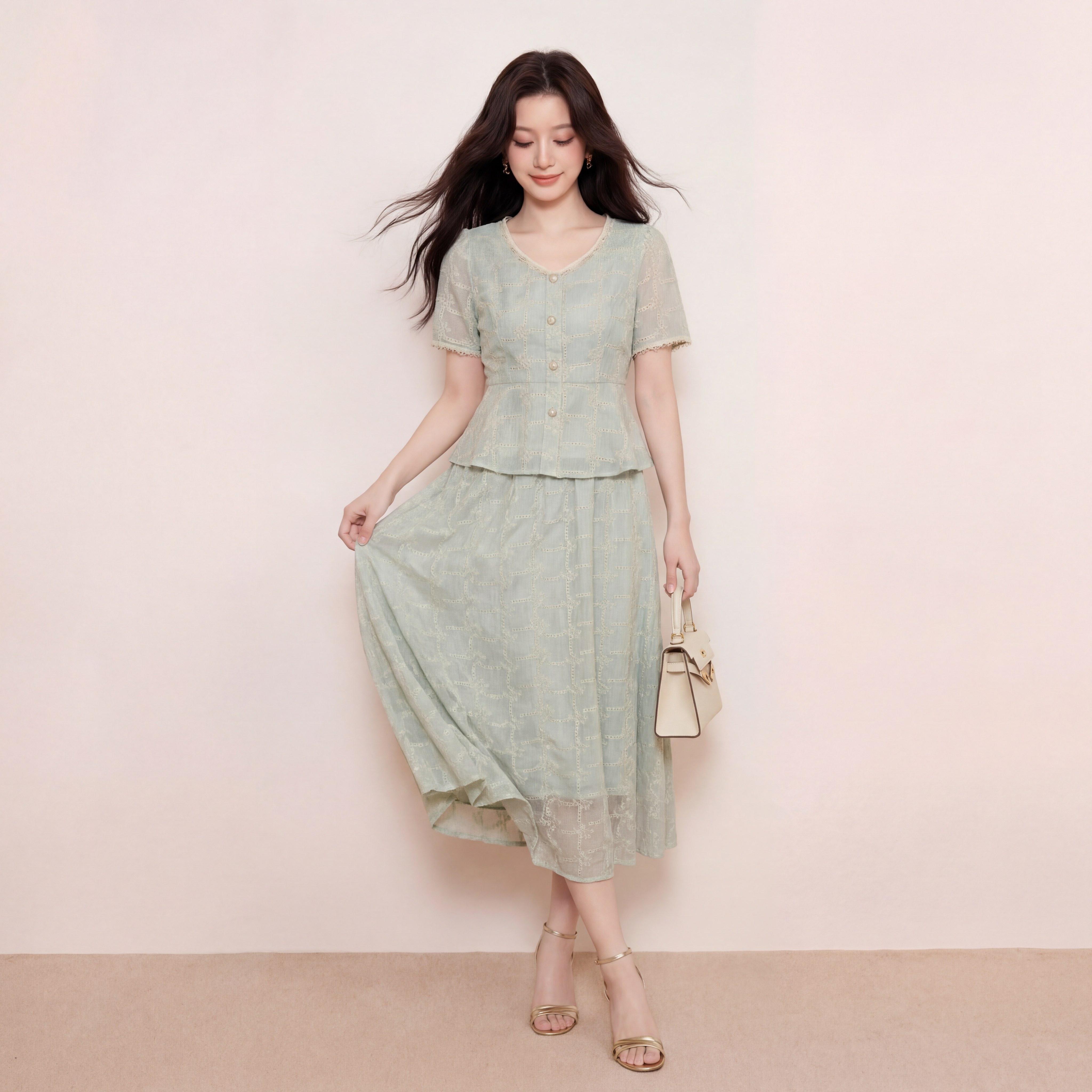 奢姿大码女装2026夏季减龄提花V领两件套胖妹妹花边名媛风套装9962954545