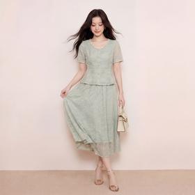 奢姿大码女装2026夏季减龄提花V领两件套胖妹妹花边名媛风套装9962954545