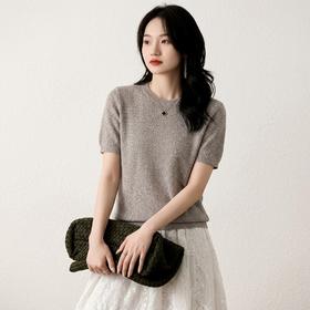 星辰摇曳~圆领亮片正肩百搭短袖女天丝亚麻针织衫休闲宽松KSM7211