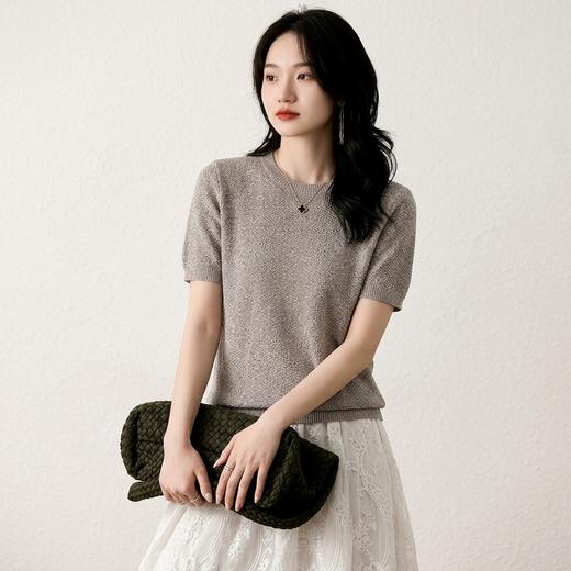 星辰摇曳~圆领亮片正肩百搭短袖女天丝亚麻针织衫休闲宽松KSM7211 商品图0