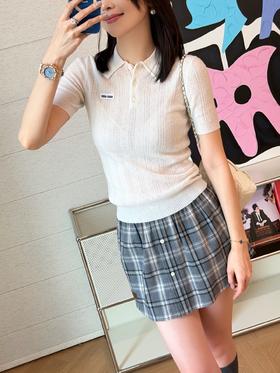 缪缪 米白色短袖针织POLO衫