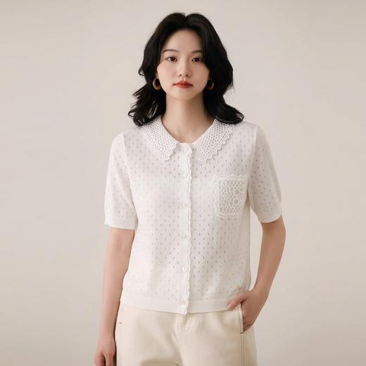 镂空格纹~高级感翻领莱赛尔钩花镂空短袖女气质显瘦针织开衫KSM99696 商品图3