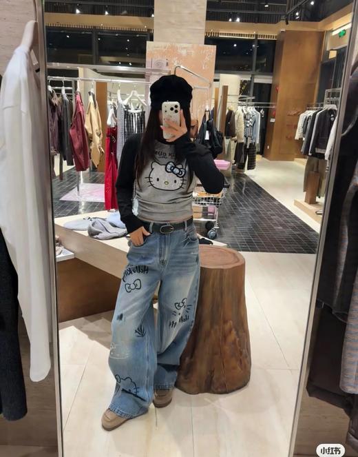 F040722春季新款甜美辣妹风HelloKitty猫咪蕾丝蝴蝶结刺绣圆领修身插肩袖T恤长袖 商品图5