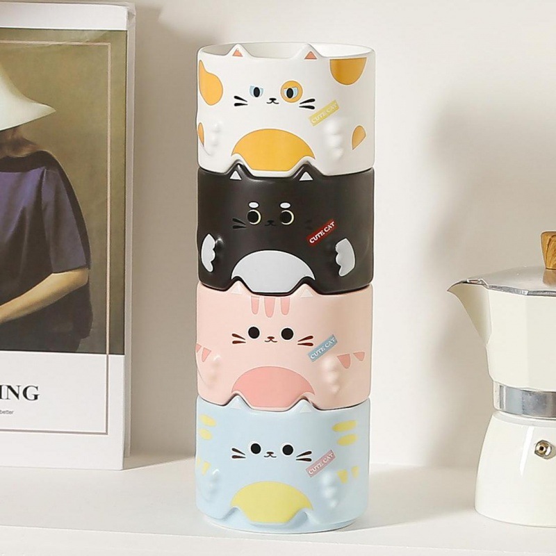 【礼品优选！萌趣】可爱猫咪陶瓷杯卡通马克杯情侣水杯叠叠对杯家用杯子礼品伴手礼。xb