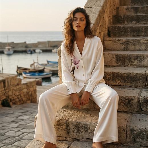 东方鸢尾』桑罗SANGLUO中式V领睡衣套装桑蚕丝女长袖家居服外穿【100%桑蚕丝,19姆米素绉缎】03B22859 商品图1