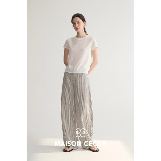 MC 莱赛尔亚麻舒适垂感条纹经典百搭休闲弧形镰刀裤MAISON CECILE 商品图2