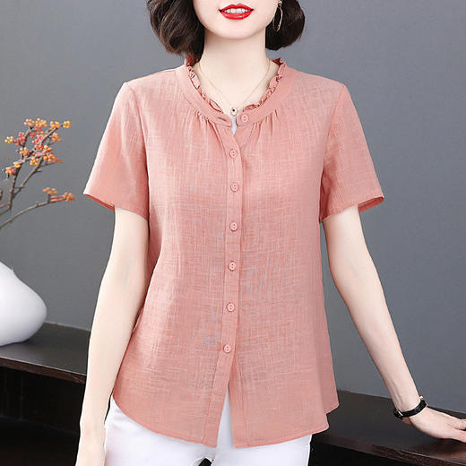 纯棉短袖衬衫女2026新款夏季洋气全棉木耳边上衣大码女装棉麻衬衣 商品图3