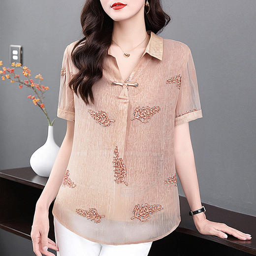 女士雪纺衫夏季大码女装减龄洋气小衫新款胖mm上衣妈妈短袖衬衫 商品图3
