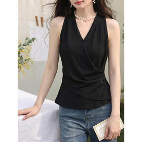 鹿向南「星光信笺」黑色挂脖背心女夏季V领交叉收腰显瘦无袖上衣