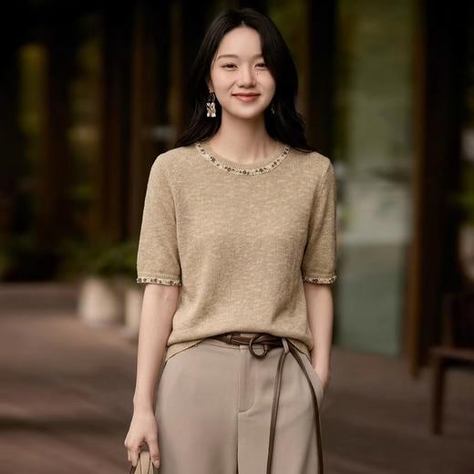 手工缀饰~轻奢风手工钉珠棉麻圆领针织短袖女高级感宽松显瘦上衣ZW26001 商品图2