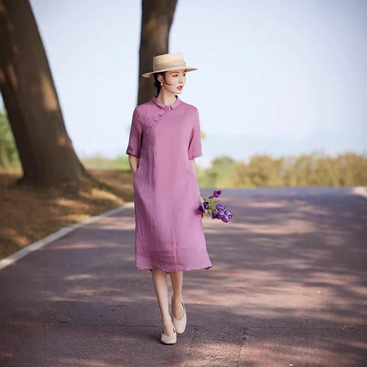 苎麻连衣裙洋气减龄五分袖，立领盘扣改良旗袍裙中长裙TT-96262 商品图0