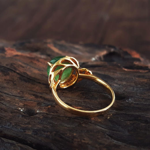 【天然正品】AU750黄金镶天然细腻菠菜绿无黑点碧玉猫眼和田玉戒指15号（皆取最大值）141125AH29 商品图6