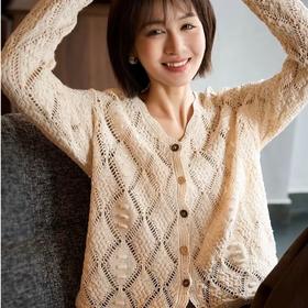 自然主义~彩扣V领 肌理感莱赛尔 亚麻立体镂空针织开衫女YM2604