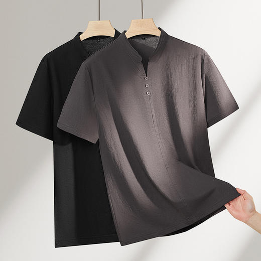【DPF】大依优型大码男装夏季新中式短袖T恤小V领休闲禅意上衣棉质 商品图1