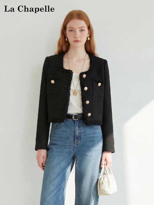 天猫同步【羊毛混纺】拉夏贝尔/La Chapelle法式U领排扣圆领小香风短外套春秋新款小个子气质短上衣 商品图3
