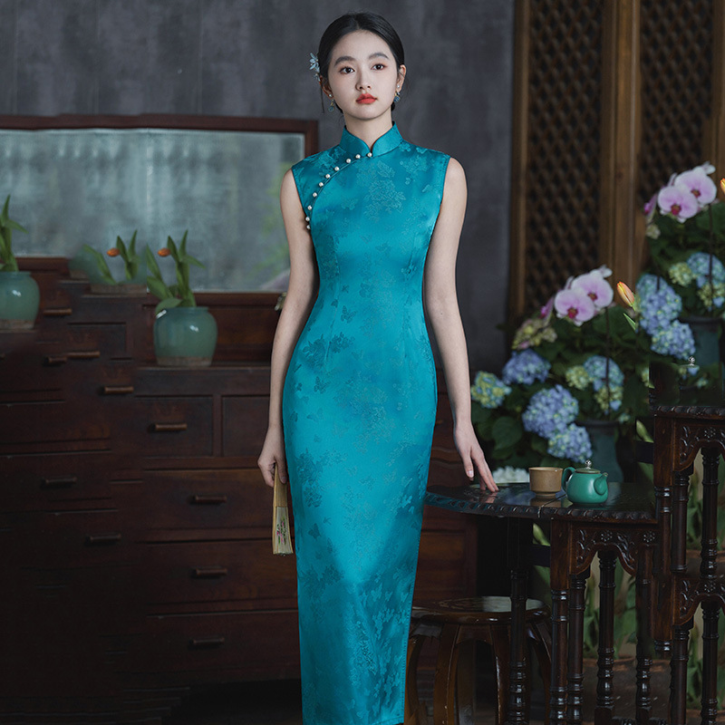 夏季蓝绿色国风新中式无袖长款旗袍改良年轻款高级感宴会礼服旗袍SC21464