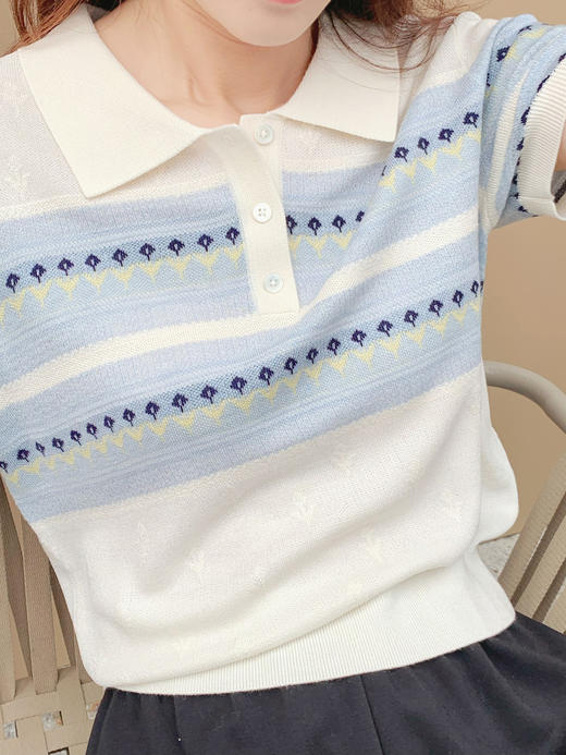 【百图lulu定制】【夏天POLO针织衫】拼色 提花 桑蚕丝羊毛混纺 轻薄透气 短袖针织衫 商品图1