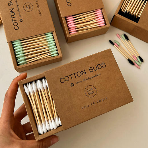 【双头多用！便捷卫生】200支装~牛皮纸盒化妆棉签环保竹木清洁卸妆掏耳朵专用双头棉花棒。xb 商品图2