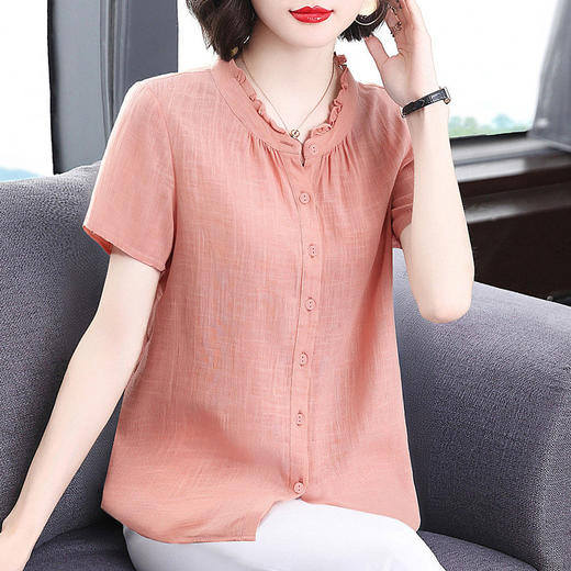 纯棉短袖衬衫女2026新款夏季洋气全棉木耳边上衣大码女装棉麻衬衣 商品图1