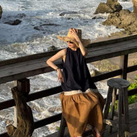 PanYiXiu/潘依绣【蓝屿海湾】100%亚麻钉珠提花刺绣拼接背心连衣裙W-63248