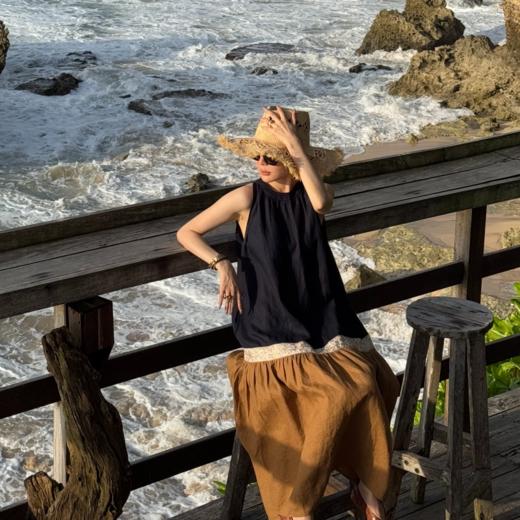 PanYiXiu/潘依绣【蓝屿海湾】100%亚麻钉珠提花刺绣拼接背心连衣裙W-63248 商品图0