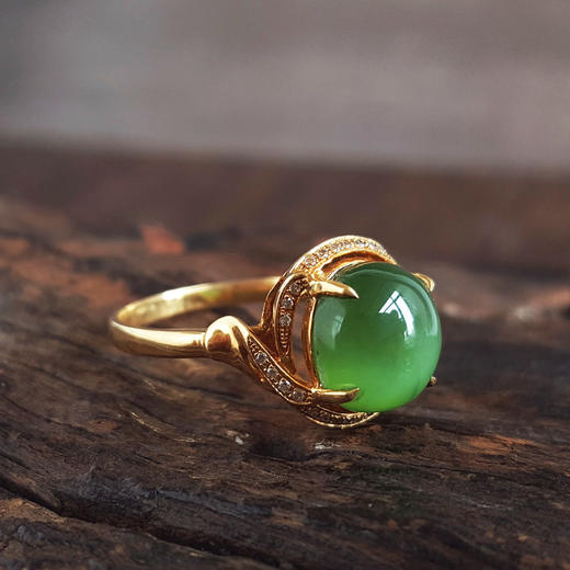 【天然正品】AU750黄金镶天然细腻菠菜绿无黑点碧玉猫眼和田玉戒指15号（皆取最大值）141125AH29 商品图4