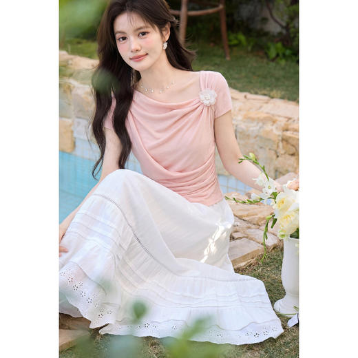 鹿向南「鎏光花语」浅粉色荡领花朵短袖T恤夏新款修身显瘦上衣女 商品图1