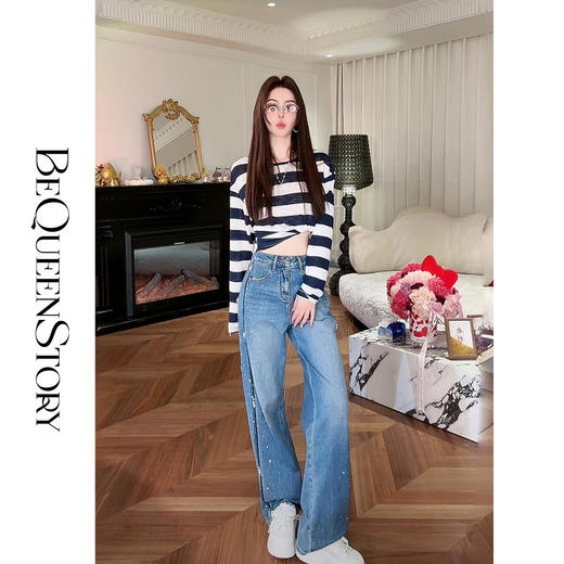 【大货捡漏，不退不换】  【星河轨迹】设计感侧边撞色烫钻珍珠点缀显瘦百搭直筒牛仔裤 商品图2