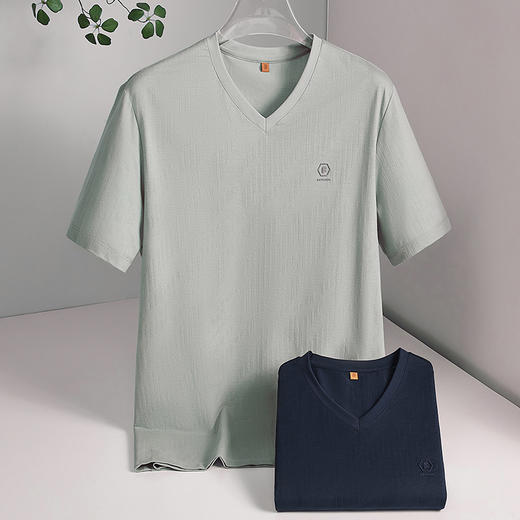 【DWP】大依优型大码男装V领短袖T恤莱赛尔棉麻混纺上衣商务休闲棉质夏季 商品图1