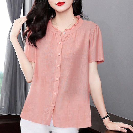 纯棉短袖衬衫女2026新款夏季洋气全棉木耳边上衣大码女装棉麻衬衣 商品图0