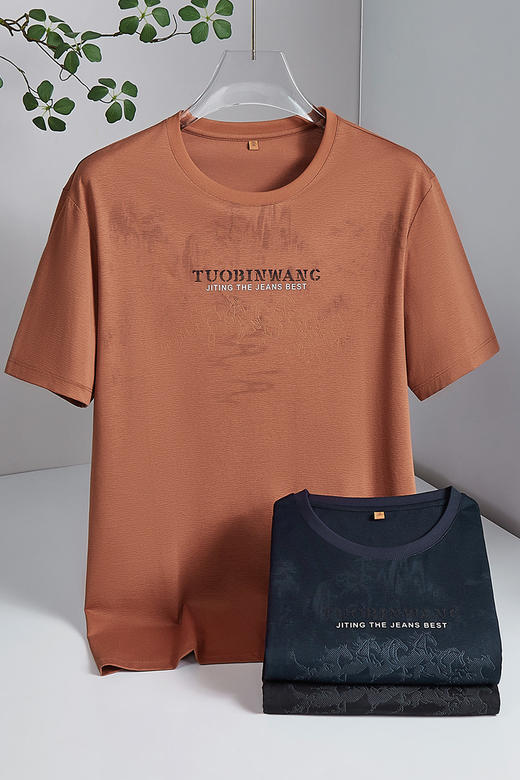 【DWP】大依优型大码男装圆领短袖T恤暗纹提花休闲上衣棉质百搭夏季男士 商品图5