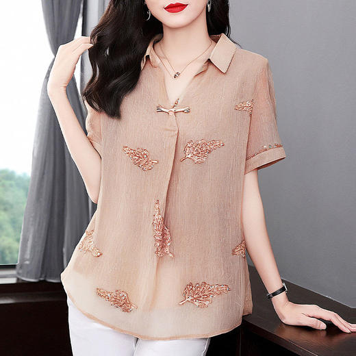 女士雪纺衫夏季大码女装减龄洋气小衫新款胖mm上衣妈妈短袖衬衫 商品图2