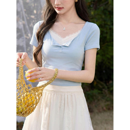 鹿向南「蓝调梦境」蓝色蕾丝V领短袖T恤夏新款修身显瘦气质上衣女 商品图2