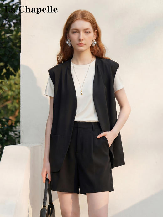 天猫同步【莱赛尔混纺】拉夏贝尔/La Chapelle两色压褶肩部口袋马甲法式慵懒风春夏坎肩外搭无袖上衣 商品图3