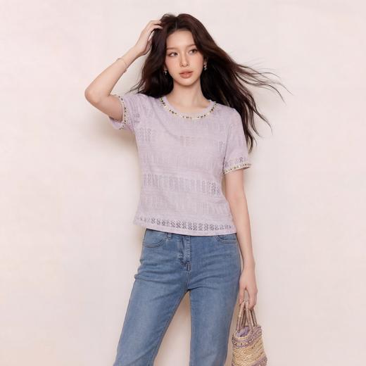 奢姿大码女装2026夏季钉珠花边减龄针织衫胖妹妹镂空圆领时尚上衣9962260089 商品图2