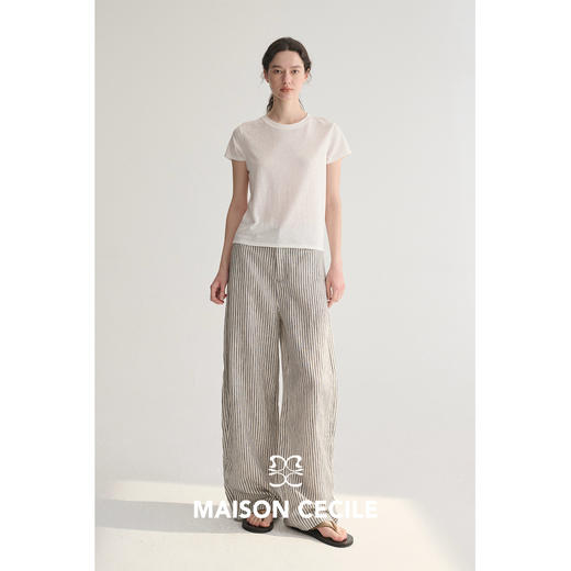 MC 莱赛尔亚麻舒适垂感条纹经典百搭休闲弧形镰刀裤MAISON CECILE 商品图3