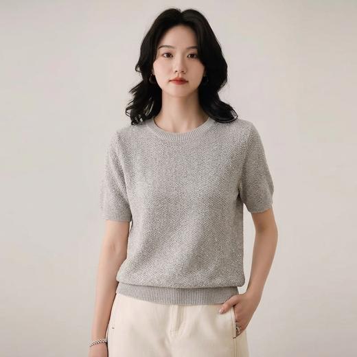 星辰摇曳~圆领亮片正肩百搭短袖女天丝亚麻针织衫休闲宽松KSM7211 商品图1