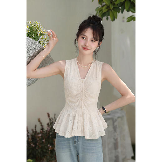 鹿向南「春野来信」杏色背心吊带女夏新款时尚设计感收腰无袖上衣 商品图0